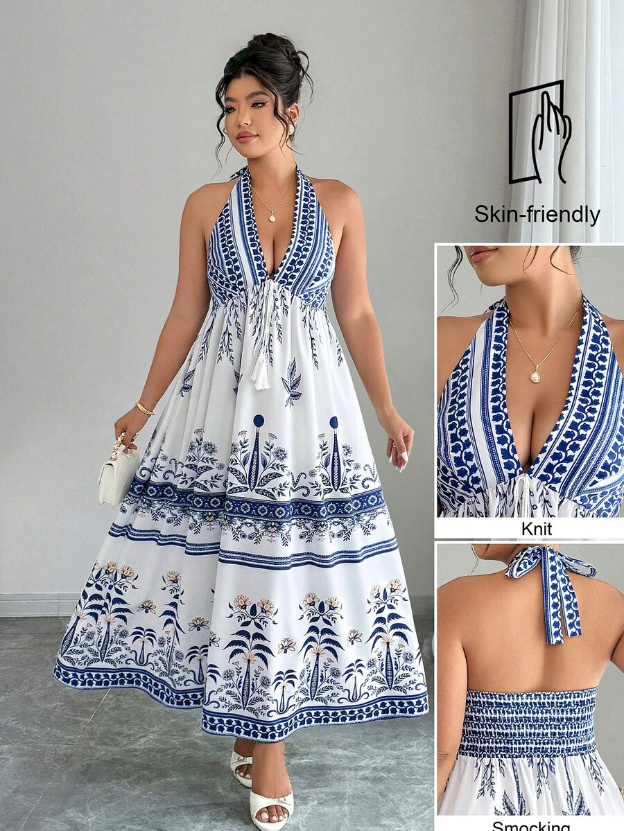 SHEIN Clasi Women's Plus Size Spring/Summer Elegant Boho Vintage Print Deep Shirred Halter Tie-Up Ruched Dress Beach Vacation Blue And White - Multicolor - View 1