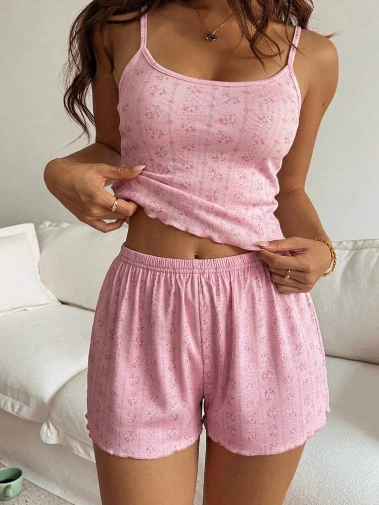 Cute Ditsy Floral Sleeveless Camisole & Loose Shorts 2-Piece Summer Pajama Set For Women