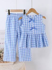 SHEIN Vintaside Kids 少女夏季新款清新田園風精緻綠白格紋兩件套，同色蝴蝶結裝飾無袖背心上衣 + 同花色寬腿長褲，甜美可愛日常穿搭，夏季風格 - 淺藍色 - 查看 3