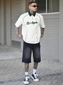 Devon Thys 男士字母印花短袖休闲通勤 Polo 衫，男士夏季服装，青少年服装，翻领短袖纽扣撞色 Polo 衫，“洛杉矶”印花，日常休闲，适合外出，送给男友的绝佳礼物，返校季，学院风，常春藤风格 - 彩色 - 查看 3