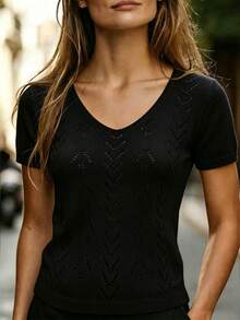 SHEIN Franclia Áo dệt kim nữ mùa hè phong cách tối giản, màu trơn, họa tiết rỗng, đa năng, mặc thường ngày, đi làm và đi du lịch - màu đen - Xem 5