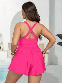 Swim Lushoire Casual Sports Square Neck Loose Fit Plus Size One-Piece Swimsuit - Hot Pink - View 3