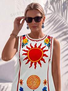EMERY ROSE CURVE Plus Size Casual Summer Beach Holiday Sunlight Abstract Totem Print Dress - Multicolor - View 7