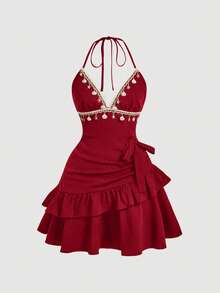 SHEIN MOD 女款夏季海灘荷葉邊露背掛脖迷你洋裝 - 紅色 - 查看 3