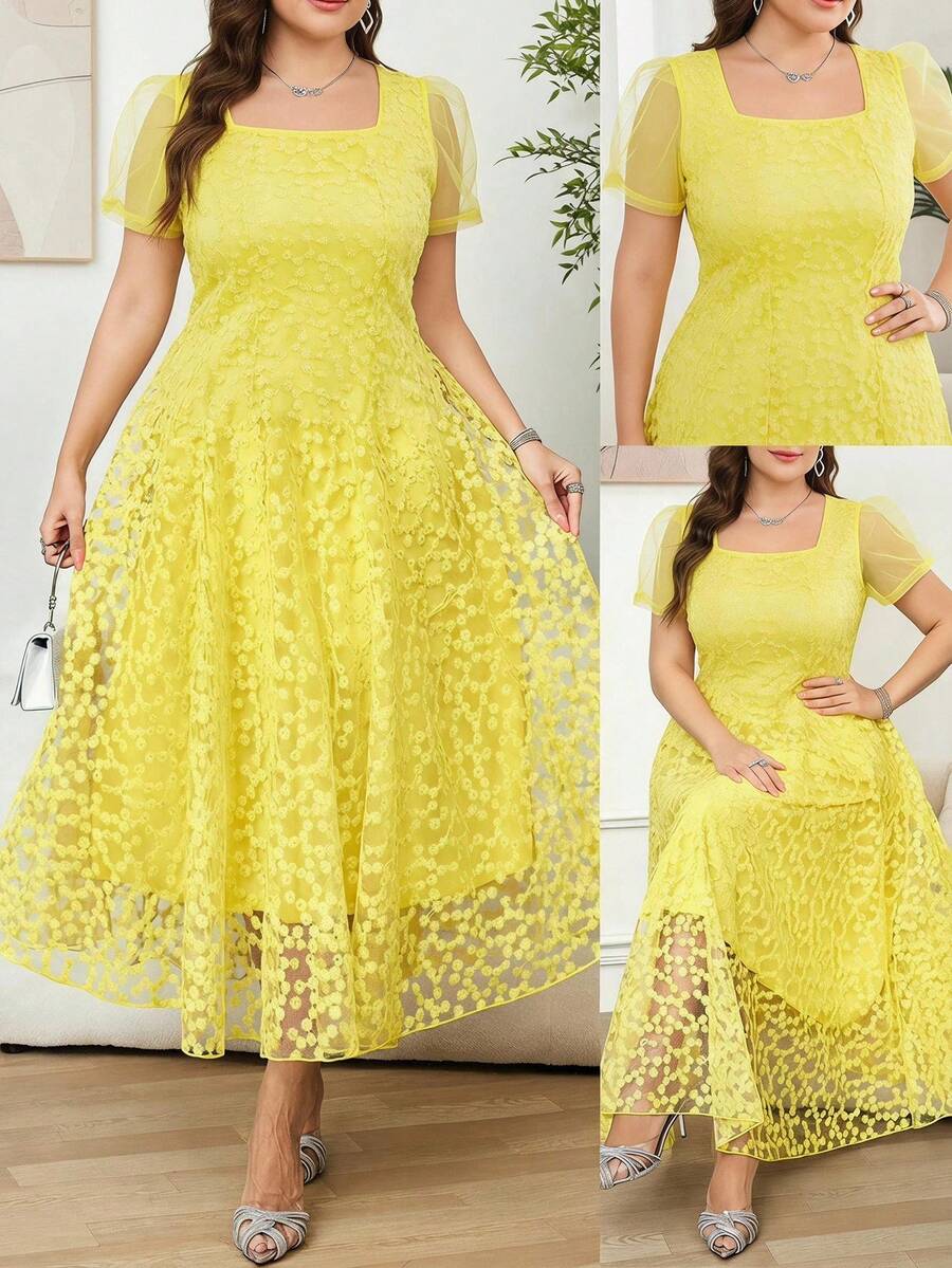 Reflora Plus Size Elegant Solid Color Embroidered Mesh Summer Dress - Yellow - View 1