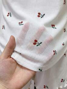 SHEIN 少女碎花图案蝴蝶结饰边吊带背心和短裤舒适休闲修身睡衣套装，2件套，粉色 - 彩色 - 查看 5
