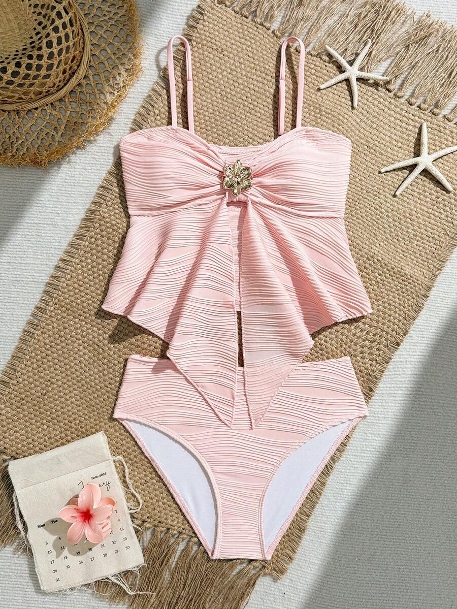 SHEIN Bikini Model Kamisol untuk Remaja Putri, Warna Pink dengan Motif Bunga Besar, Set Bikini 2 Potong, Baju Renang Liburan untuk Musim Semi dan Musim Panas - Berwarna merah muda - View 1