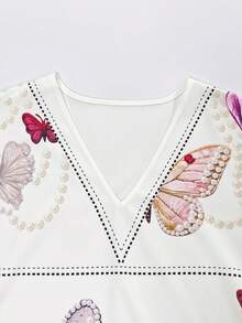 SHEIN Franclia 夏季戶外街頭度假旅行通勤時尚優雅休閒珍珠水鑽蝴蝶花卉印花V領短袖女款襯衫上衣 - 彩色 - 查看 3
