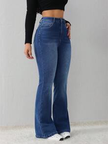 SHEIN Tall 女款鈕扣半開襟口袋修身百搭喇叭牛仔褲，適合高個女性 - 中等水洗藍 - 查看 4