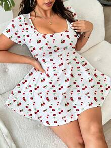 Solflare Women's Plus Size Cherry Pattern Square Neck Casual Jumpsuit - Multicolor - View 3