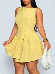 SOLERSUN Plus Size Women's 2026 Girlcore Yellow Textured Mini Dress, Sleeveless Asymmetrical Side Button Placket, Ruffled Hem, Invisible Back Zipper Sunkissed - Yellow - View 8