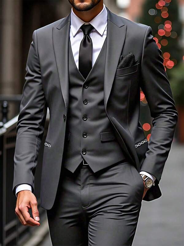 Manfinity Mode Bộ vest nam cổ ve tay dài gồm áo blazer & quần dài, phong cách casual business, trang phục cưới nam lịch sự cho lễ nghi