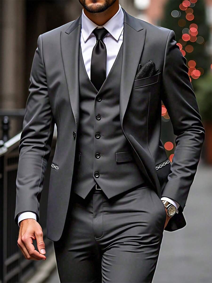 Manfinity Mode Men's Lapel Neck Long Sleeve Blazer & Pants Casual Business Suit Set Wedding Outfit For Men Nice Formal, Ceremony - Dark Grey - View 1