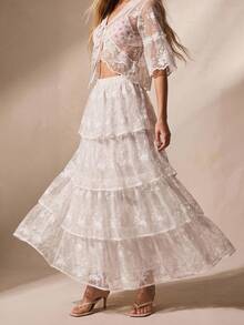 Willow Rêve Embroidered Layered Tulle Lace Cake Skirt For Women - White - View 1
