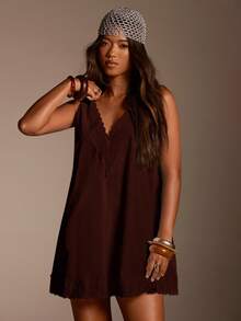 Athîral Women's V-Neck Solid Color Lace Trim Mini Dress - Brown - View 3