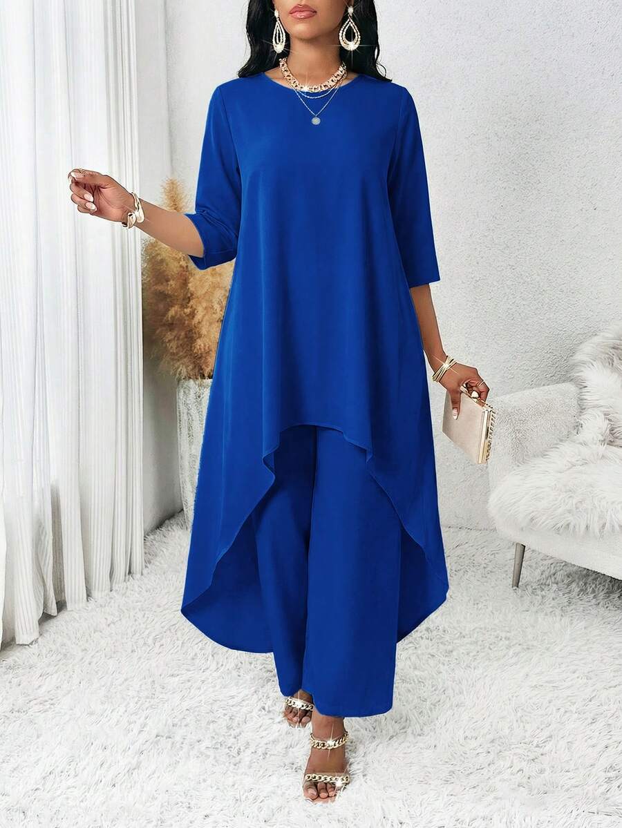 SHEIN Lady 四季秋季女裝套裝 白色長袖不對稱兩件式女套裝 秋季女套裝 女式套裝 女裝套裝 - 寶藍色 - 查看 1