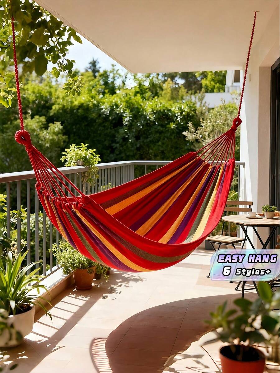 Võng đôi 2 người bằng vải canvas cotton kèm dây buộc cây, di động, thoải mái, dùng cho sân hiên, sân vườn, ngoài trời, trong nhà, đỏ xanh, cho gia đình, vườn, cắm trại, du lịch, làm quà tặng - Nhiều màu - Xem 1