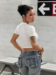 StreetHx Summer Women's V-Neck Lace-Up Short Sleeve T-Shirt Top - White - View 2