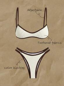 Elavelle Women's Spring/Summer Jacquard Fabric Spaghetti Strap Bikini Set - White - View 1