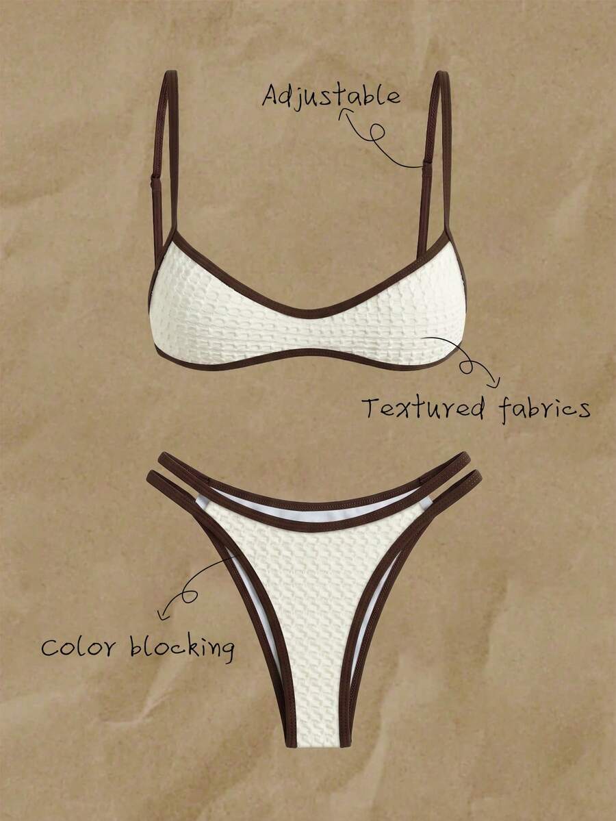 Elavelle Women's Spring/Summer Jacquard Fabric Spaghetti Strap Bikini Set - White - View 1