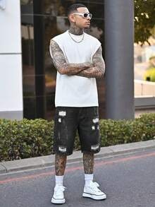 Devon Thys Men's Casual Ripped Straight Leg Blue Denim Shorts, Street Fashion For Spring/Summer - Black - View 6