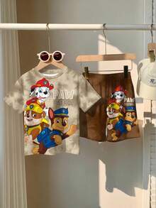 SHEIN | PAW Patrol Young Boy Casual Simple, Loose Comfortable, Classic Cute Cartoon Animation Pattern Print, Cute Puppy Round Neck Short Sleeve T-Shirt And Shorts 2-Piece Set, Suitable For Spring And Summer - Multicolor - View 3