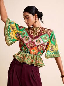 LOTSLUV Women's Spring/Summer Vacation Colorful Placement Print Round Neck Waist-Defining Ruffle Hem Blouse - Multicolor - View 3