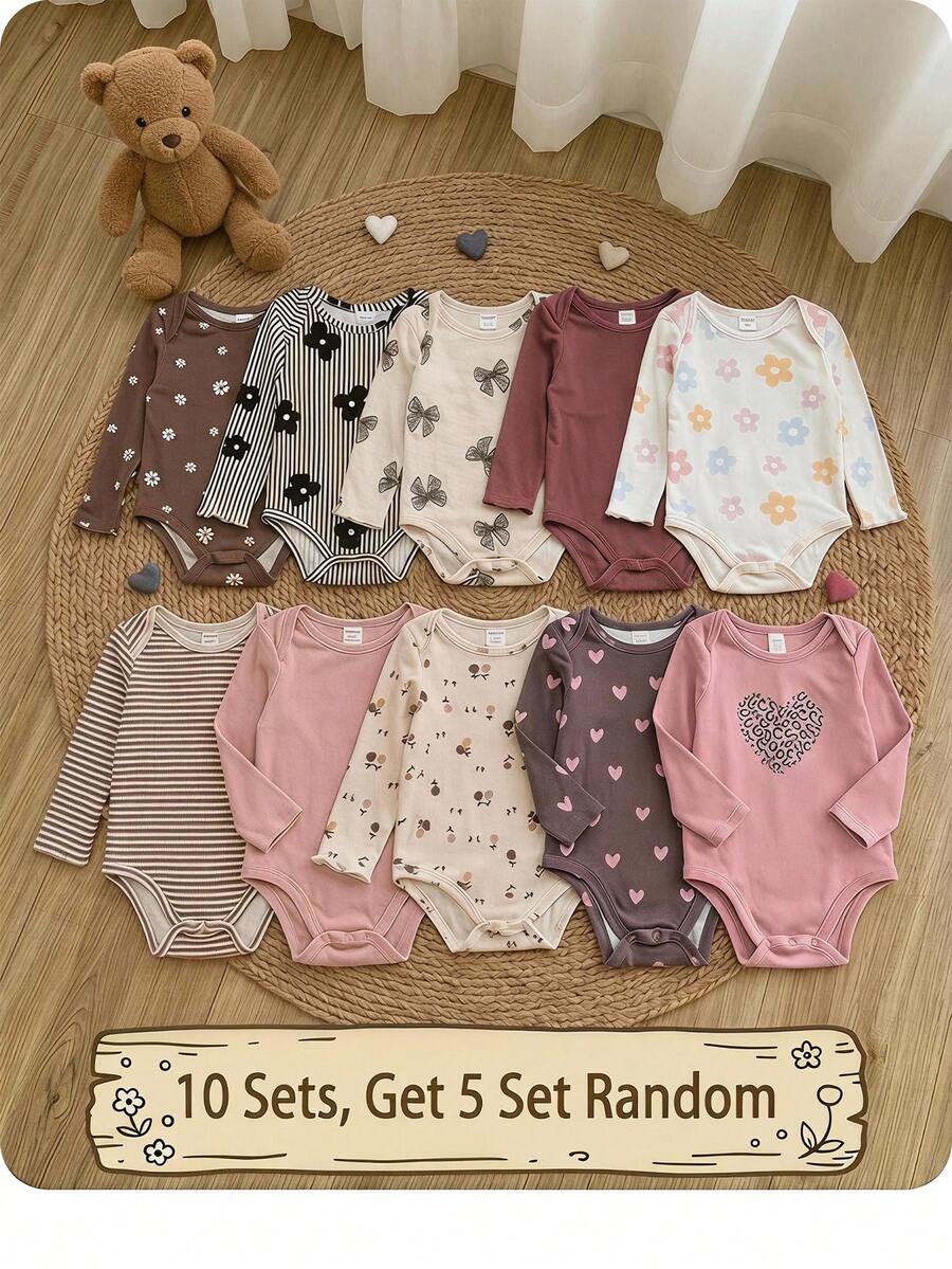 SHEIN (10 Sets, Get 5 Set Random)Baby Girl Cute Knitted Floral & Striped Pattern Long Sleeve Romper Set - Multicolor - View 1