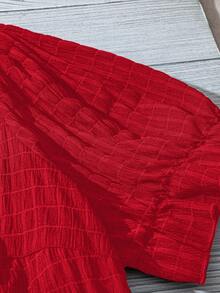 SHEIN VCAY 大尺碼女款方領格紋泡泡袖襯衫 - 紅色 - 查看 3