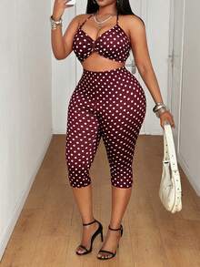 Mawevolt Women's Plus Size Polka Dot Print Halter Neck Top And Pants 2-Piece Set - Burgundy - View 5