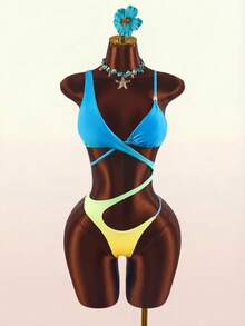 Amplova Traje de baño de una pieza para mujer, sexy y vanguardista, con degradado, recortes y cuentas, adecuado para atuendos de vacaciones, con detalles de recortes asimétricos - Verde - Ver 3