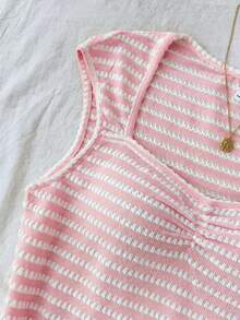 Teen Girls Summer New Pink Knit Textured Jacquard Ruched Chest Sweet Girly Cute Home Casual Off-Shoulder T-Shirt - Pink - View 5