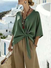 SHEIN Holidaya 女款素色蝙蝠袖休閒度假襯衫 - 軍綠色 - 查看 5