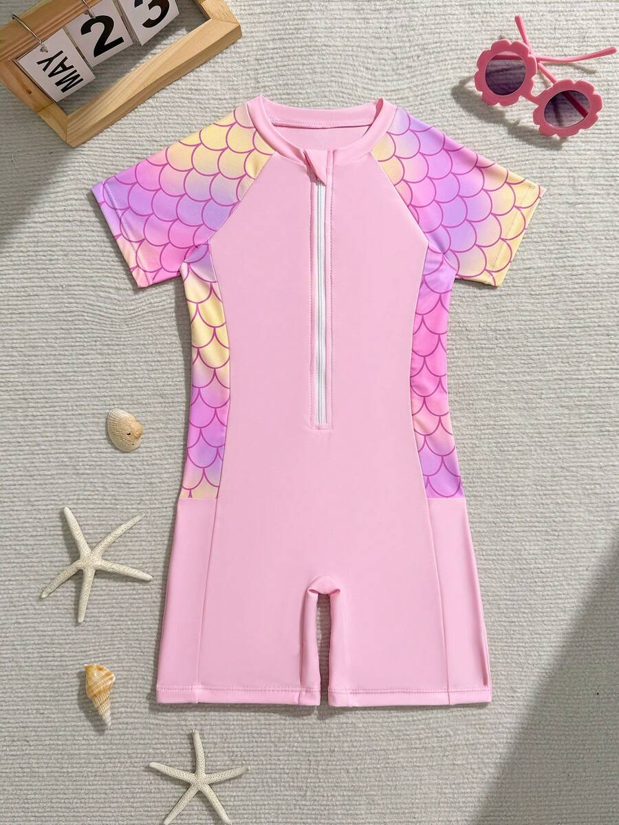 Traje de baño de una pieza con patrón degradado, cremallera delantera y manga corta para niñas - Rosa - Ver 1