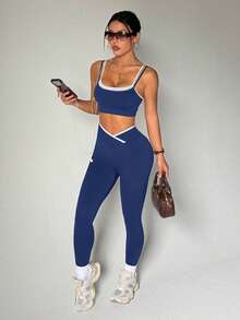 SHEIN Sports 無縫高彈力女款健身休閒日常運動收腰提臀套裝 - 藏蓝色 - 查看 2