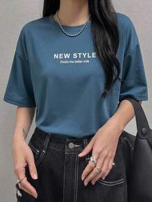 DAZY Women Casual Loose Letter Print Short Sleeve T-Shirt Preppy Tops - Blue - View 10