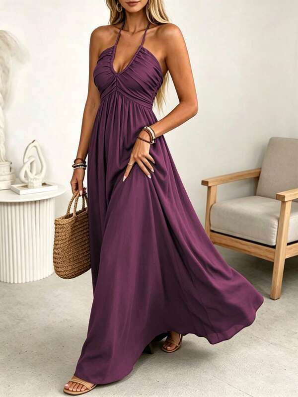 SHEIN LUNE Women's Spring/Summer Brown Single-Thread Bamboo Linen Blend With Rayon Spaghetti Strap Tie Bow Front Double Layer Pleated Shirred A-Line Back Waist Gathered Adjustable A-Line Long Cami Dress Elegant French Vintage Office Commute Vacation Casual Beach Western Street Style Minimalist Versatile Fashion Dress Afternoon Tea Party New Arrival