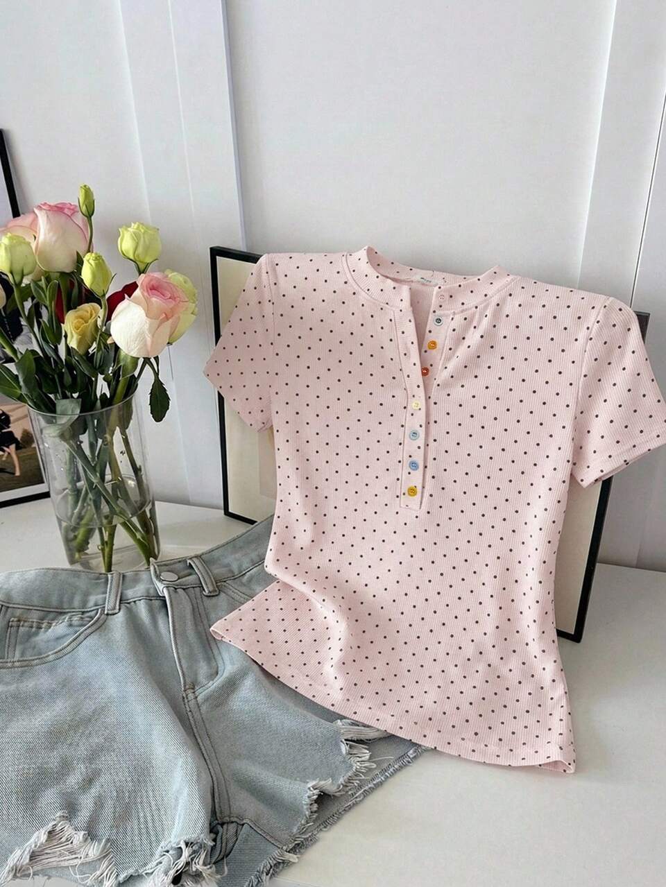 Summer  Polka Dot All-Over Print Pink Polka Dot Top With Button Decor Casual  Streetwear Sports  Slim Fit Short Sleeve Women's T-Shirt Dates
