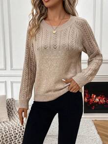 SHEIN Holidaya 女款素色鏤空圓領長袖休閒套頭毛衣 - 卡其色 - 查看 6