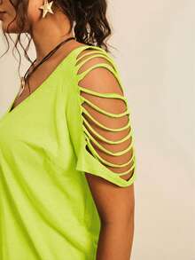 Freevana Women's Plus Size Summer Casual Solid Color Hollow Out Short Sleeve T-Shirt Vacation Neon Green - Green - View 6