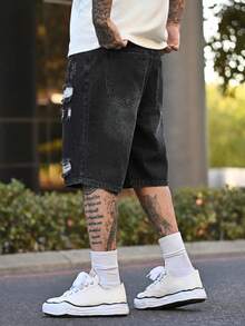 Devon Thys Men's Casual Ripped Straight Leg Blue Denim Shorts, Street Fashion For Spring/Summer - Black - View 3