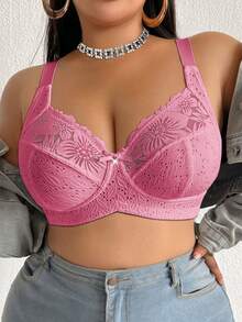 DesireSculpt Plus Size Lace Patchwork Non-Wired Bralette 1 Piece - Hot Pink - View 3