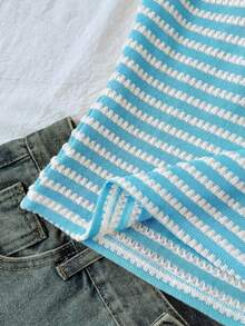 Teen Girls Summer New Ocean Blue Knit Textured Jacquard Ruched Chest Sweet Girly Cute Home Casual Off-Shoulder T-Shirt - Blue - View 6