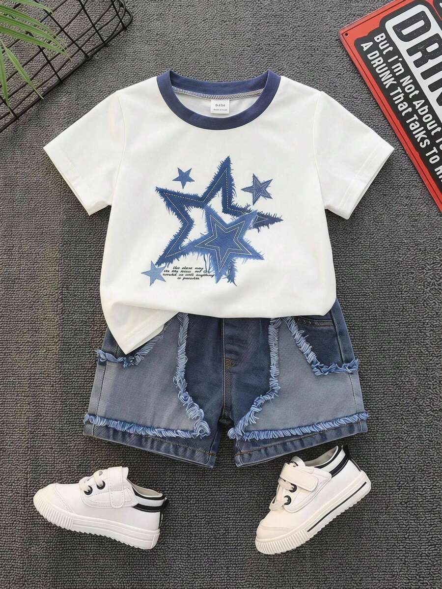 SHEIN 男女嬰幼兒童 2件組 春夏休閒可愛五角星圖案短袖T恤與牛仔短褲套裝,男嬰套裝,男嬰夏季服裝,牛仔,牛仔褲,街頭風 - 霧霾藍 - 查看 1