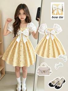 SHEIN Playful Pals 青少年女孩新款方領清新格紋印花蝴蝶結裝飾短袖洋裝 - 黃色 - 查看 5