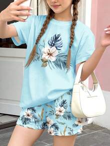 休閒簡約度假復古熱帶花卉印花，青少年女孩休閒簡約短袖圓領T恤與休閒短褲2件套，適合春夏季日常、居家、校園穿搭套裝 - 彩色 - 查看 4