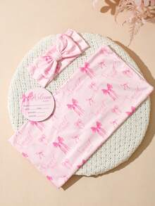SHEIN 3件組蝴蝶結印花新生兒包巾頭飾套組，附Hello World寶寶出生公告姓名卡，嬰兒攝影道具 - 淺粉色 - 查看 4
