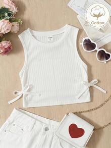 SHEIN Young Girl Knit Solid Color Round Neck Ruched Casual Tank Top - White - View 2