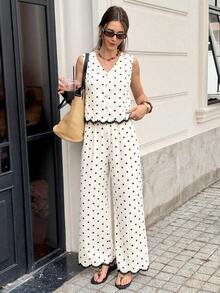 Serisse Women's Polka Dot Black And White Pattern Button Placket V-Neck Vest And Pants Set Vacation Summer Casual - Green - View 12