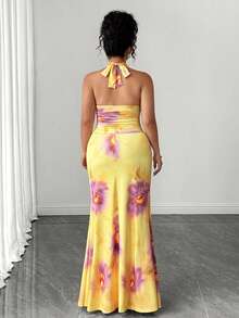 Elenzga Conjunto de 2 piezas de top con estampado floral de cuello de corbata elegante y falda maxi ajustada para mujer de talla grande - Amarillo - Ver 6